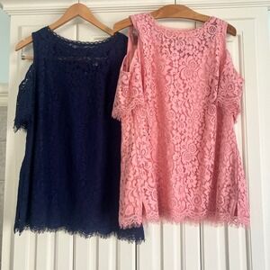 IsaacMizrahiLive! Bundle of Lace Cold Shoulder Lined Tops Blue Pink Size Medium